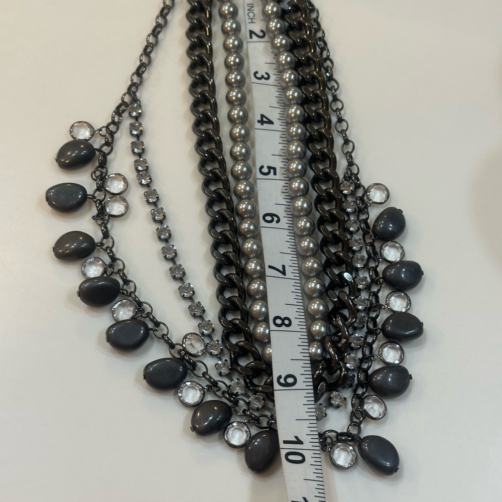 Edgy Chunky Glam Mix Media Layered Rhinestone Accents - Gunmetal & Grey Pearls - Picture 5 of 7